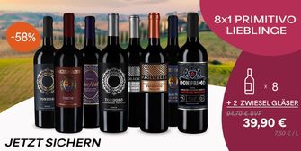 8x1 Primitivo Lieblinge + 2 Schott Zwiesel Gläser 8x1 Primitivo Lieblinge + 2 Schott Zwiesel Gläser